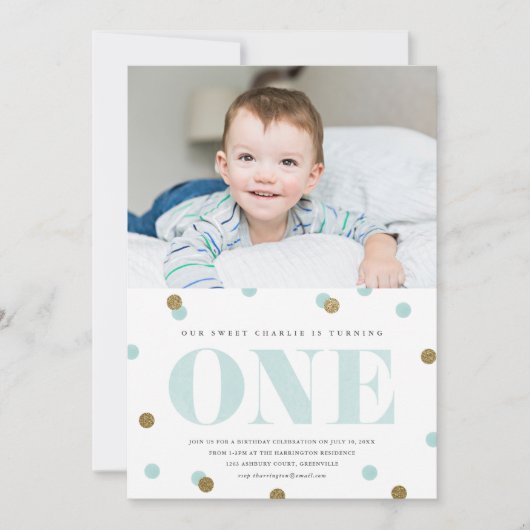 Blauw en gouden confetti foto eerste verjaardag kaart (Voorkant)
