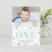 Blauw en gouden confetti foto eerste verjaardag kaart (Staand voorkant)