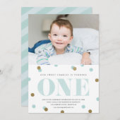 Blauw en gouden confetti foto eerste verjaardag kaart (Voorkant / Achterkant)