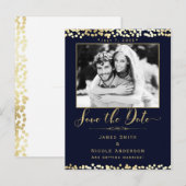 Blauw en gouden Confetti Foto Weddenschap Opslaan  Aankondigingskaart (Voorkant / Achterkant)