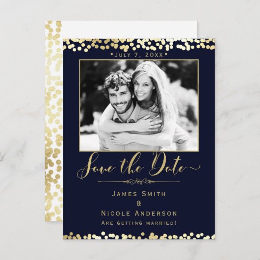 Blauw en gouden Confetti Foto Weddenschap Opslaan Aankondigingskaart (Voorkant / Achterkant)