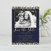 Blauw en gouden Confetti Foto Weddenschap Opslaan Kaart (Staand voorkant)