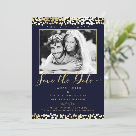 Blauw en gouden Confetti Foto Weddenschap Opslaan  Kaart (Staand voorkant)