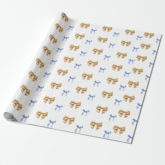 Blauw en Gouden Coquette Bow Cadeaupapier (Uitgerold)