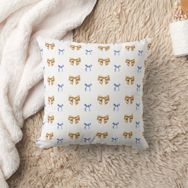Blauw en Gouden Coquette Bow Kussen (Deken)