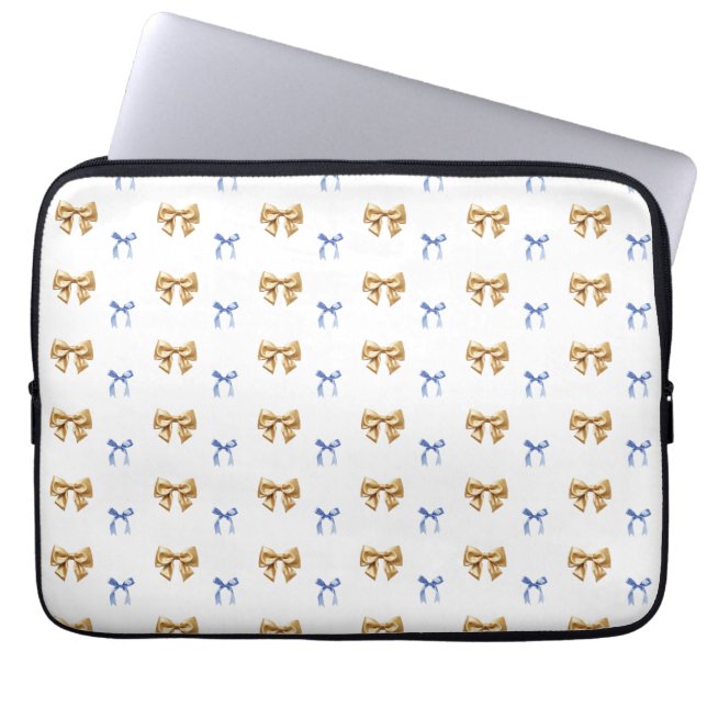 Blauw en Gouden Coquette Bow Laptop Sleeve (Voorkant)