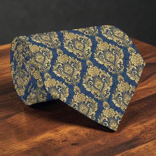 Blauw en gouden damast maatwerk stropdas