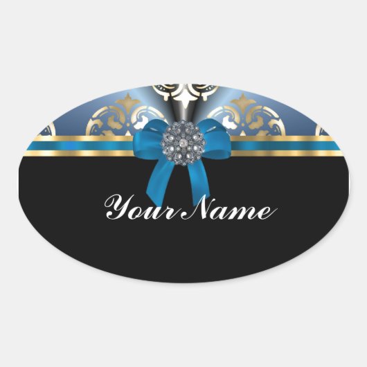 Blauw en gouden damast ovale sticker (Voorkant)