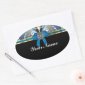 Blauw en gouden damast ovale sticker (Envelop)