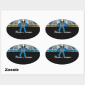 Blauw en gouden damast ovale sticker (Vel)