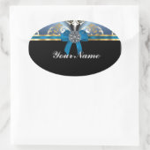 Blauw en gouden damast ovale sticker (Tas)