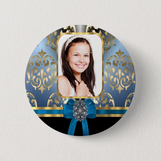 Blauw en gouden damast ronde button 5,7 cm (Voorkant)