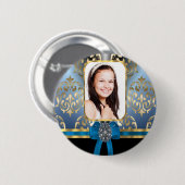 Blauw en gouden damast ronde button 5,7 cm (Voorkant /achterkant)
