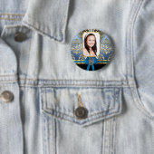 Blauw en gouden damast ronde button 5,7 cm (In situ)