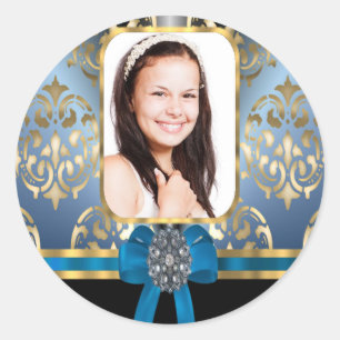 Blauw en gouden damast ronde sticker