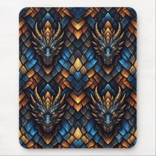 Blauw en Gouden Drakenkoppen Geometrisch Schubbenp Muismat