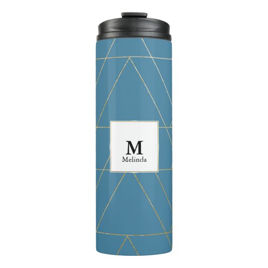 Blauw en gouden driehoek Patroonmonogram Thermosbeker (Voorkant)