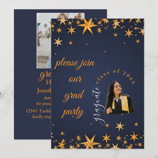 Blauw en gouden elegante uitnodiging (Voorkant / Achterkant)