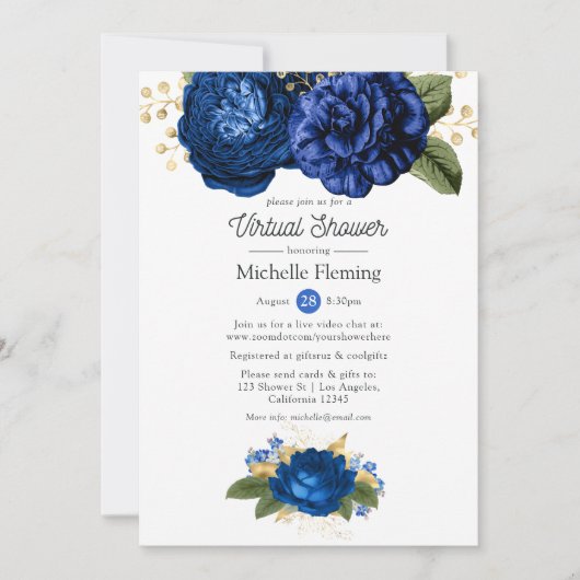 Blauw en gouden Floral virtueel Baby of Vrijgezell Kaart (Voorkant)