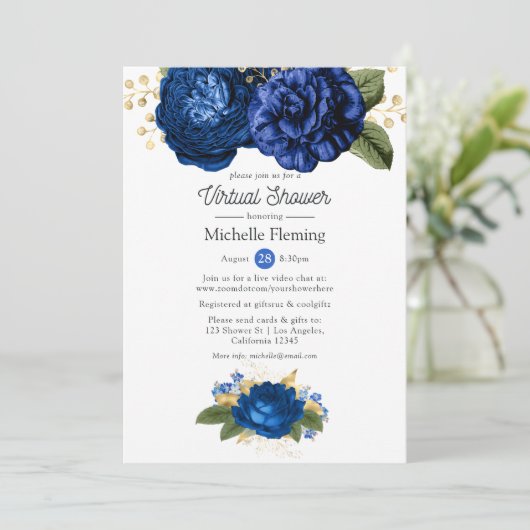 Blauw en gouden Floral virtueel Baby of Vrijgezell Kaart (Staand voorkant)