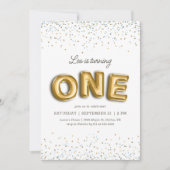 Blauw en Gouden Folieballon Glitter 1e Verjaardag Kaart (Voorkant)