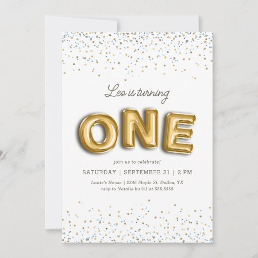 Blauw en Gouden Folieballon Glitter 1e Verjaardag Kaart (Voorkant)