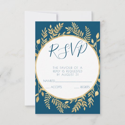 Blauw en gouden frame modern RSVP kaartje (Voorkant)