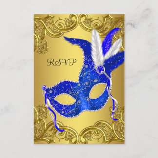 Blauw en gouden gemaskerd bal RSVP Kaartje