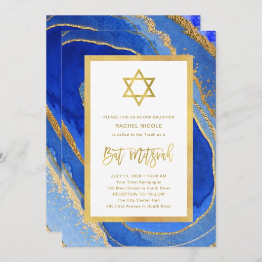 Blauw en gouden geode | Ster van David Bat Mitzvah Kaart (Voorkant / Achterkant)