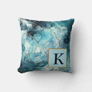 Blauw en gouden glinsterend marmeren monogram werp kussen