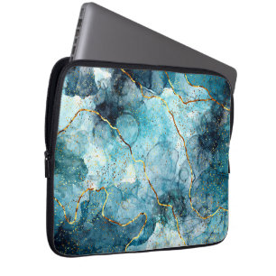 Blauw en gouden glinsterende marmer laptop sleeve
