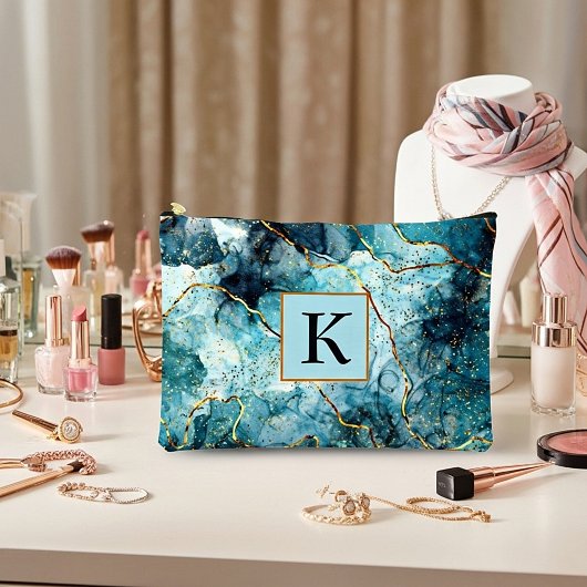 Blauw en gouden glinsterende marmer monogram etui