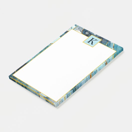 Blauw en gouden glinsterende marmer monogram post-it® notes (Schuin)