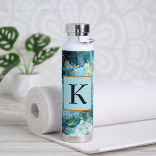 Blauw en gouden glinsterende marmer monogram waterfles