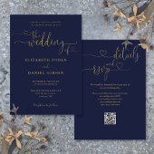 Blauw en gouden hart script QR-code bruiloft Kaart