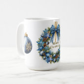 Blauw en gouden kerstkrans koffiemok (Voorkant links)