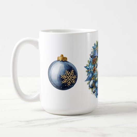 Blauw en gouden kerstkrans koffiemok (Links)
