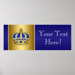 Blauw en gouden kroonprins baby shower banner poster