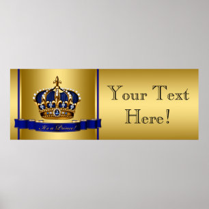 Blauw en gouden kroonprins babyfeestje poster