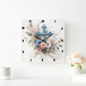  blauw en gouden kruis bloemenelegantie vierkante klok (Huis)