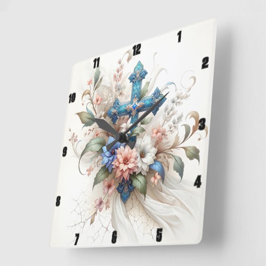  blauw en gouden kruis bloemenelegantie vierkante klok (Hoek)