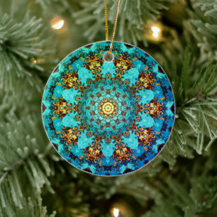 Blauw en gouden mandala-achtig patroon keramisch ornament