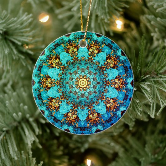 Blauw en gouden mandala-achtig patroon keramisch ornament (Boom)
