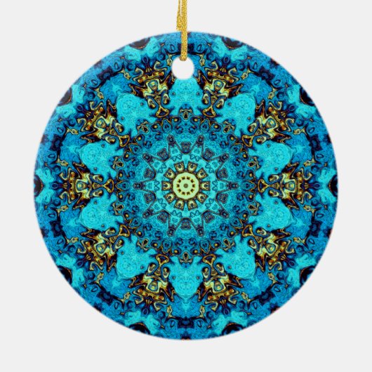 Blauw en gouden mandala-achtig patroon keramisch ornament (Achterkant)