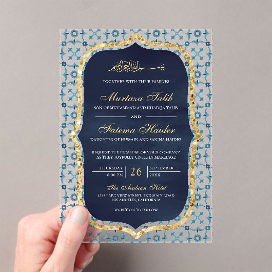Blauw en gouden Marokkaanse tegel Islamitische bru Acryl Uitnodigingen (Insitu (Draagbaar))
