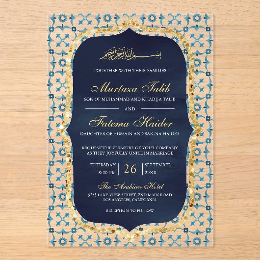 Blauw en gouden Marokkaanse tegel Islamitische bru Acryl Uitnodigingen (Voorkant)