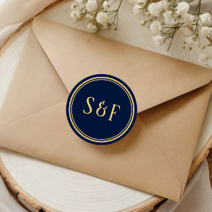 Blauw en Gouden Monogram Envelopzegel Ronde Sticker