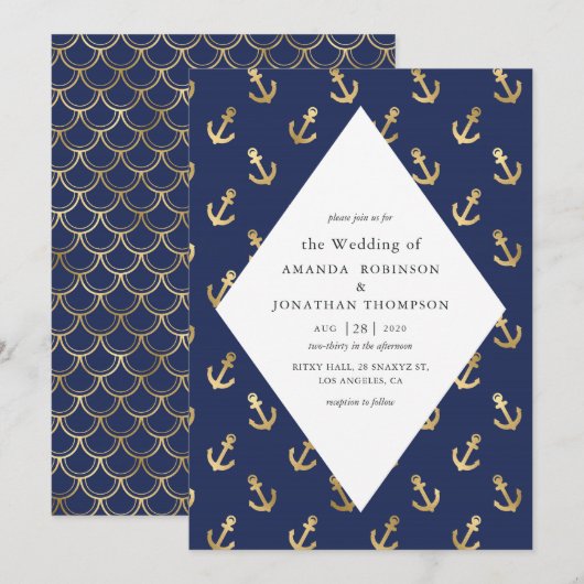 Blauw en gouden Nautical Wedding Kaart (Voorkant / Achterkant)