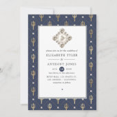 Blauw en gouden Nautical Wedding Kaart (Voorkant)