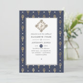 Blauw en gouden Nautical Wedding Kaart (Staand voorkant)